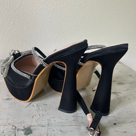 New Platform high heel almond toe ankle wrap around rhinestone bow satin 5.5 - Picture 14 of 16